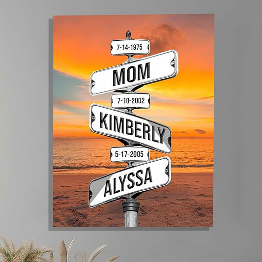 Personalized Gifts for Mom Family Names Street Custom Multi-Name Date of Birth Vintage Street Sign Happy Mothers Day Canvas Wall Art Best Christmas Gifts for Mommy from Daughter Son Children Kids #23