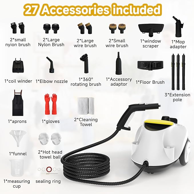 Steam Cleaner, Multipurpose Portable Canister Steamer，Portable Steam Cleaner with 27Accessories, 3 Minutes Fast Heating，for Floors, Windows,Mirrors,kitchens, Glass,Grout and Cars (White)