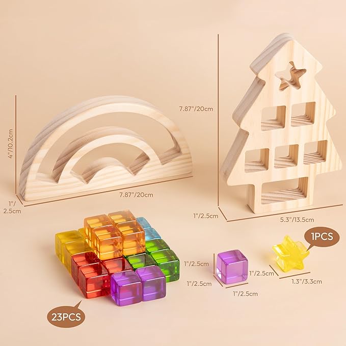 Wooden Building Blocks Set for Kids, Rainbow & Tree Shaped Wood Frame - 24 PCS Rainbow Gem Cubes Stacking Blocks, Montessori Stacking Toy for Toddlers, Early Learning Gifts for Boys Girls 3-6