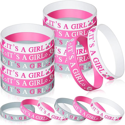 Zomiboo 36 Pieces Baby Shower Rubber Bracelets, It's a Girl Wristbands Elephant Baby Shower Decorations for Boy Girl Baby Shower Party Favor Gender Reveal Party Supplies(Girl Style)