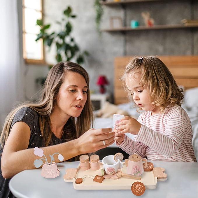 Wooden Tea Set for Little Girls, Wooden Toys, Toddler Tea Set Toy, Play Kitchen Accessories Set, Montessori Toys, Kids Play Kitchen Pretend Playset Toys for Baby Tea Party with Play Food