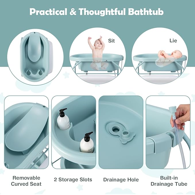 HONEY JOY Baby Changing Table with Bathtub, Foldable Infant Diaper Changing Station with Wheels, Storage Tray, Waterproof Pad, Portable Newborn Nursery Organizer Bath Stand for Boys Girls (Blue)
