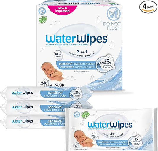 WaterWipes Sensitive+ Newborn & Baby Wipes, 3-In-1 Cleans, Cares, Protects, 99.9% Water, Unscented & Hypoallergenic, 240 Count (4 Packs)