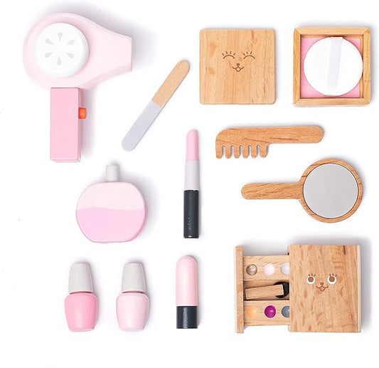 umu Wooden Beauty Salon Toys for Girls Makeup Playset 12 Piece Kit with Makeup, Brush, Mirror and Cosmetics Case, Best Gift for 3, 4, 5+ Girls Kids