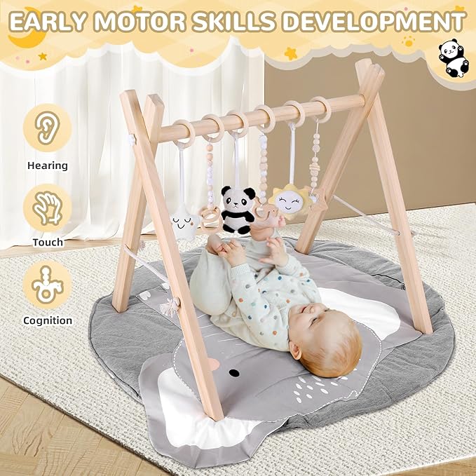 Wooden Baby Play Gym with Mat,Foldable Activity Gym for Newborns 0-12 Months,6 Hanging Sensory Toys for Infant Development,Montessori Toys for Baby Boys & Girls Shower Gift (Elephant)