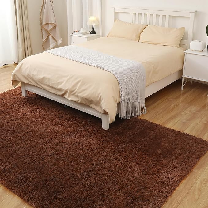 Area Rug 4x5.8, Soft Rugs for Living Room, Plush Fluffy Rugs for Bedroom, Non-Slip Indoor Carpet for Nursery, Study Room, Playroom, Home Decor, Brown