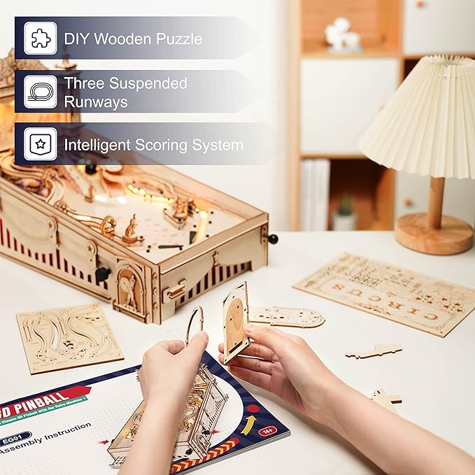 Rowood Wooden Puzzles 3D Pinball Machine Mechanical Model Wooden 3D Puzzles for Adults DIY Pinball Game Wooden Puzzle-Model Building Kits Christmas Birthday Gifts for Adult and 14+ Teens