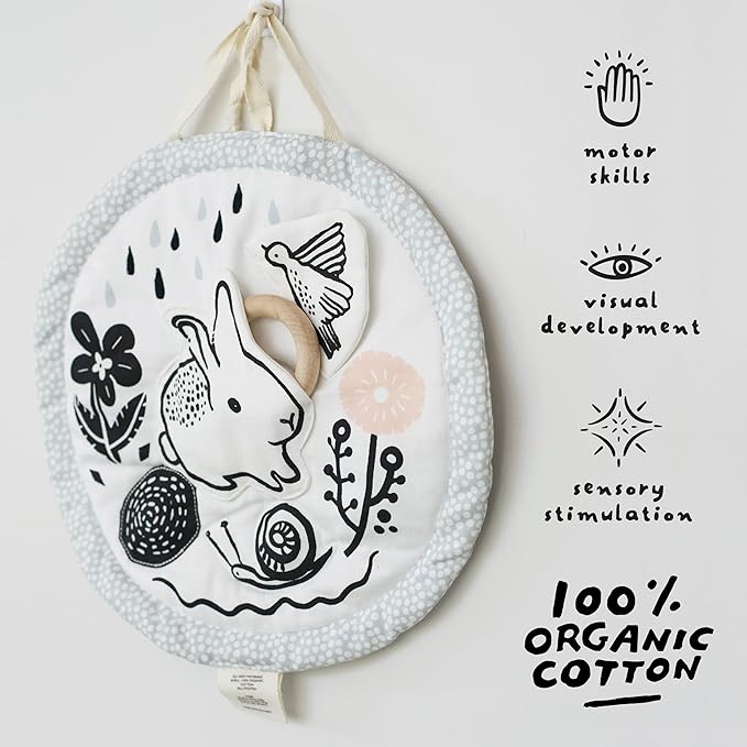 Wee Gallery Meadow Activity Pad Organic Baby Play Mat with Sensory Toys, High Contrast Newborn Essentials Soft Tummy Time Mat for Babies 0-12 Months, Visual and Motor Skill Development Toy