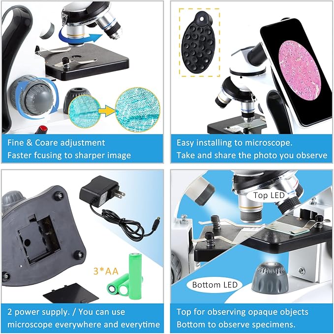 40X-2000X Microscopes for Kids Students Adults, with Microscope Prepared Slides 30p, Microscope Accessories, Phone Adapter, Microscopes for School Laboratory Home Education