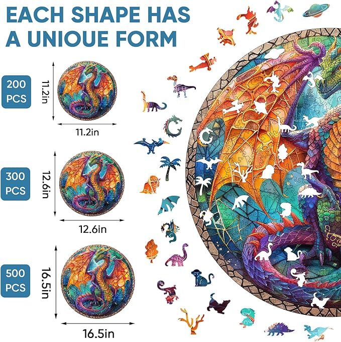 Wooden Puzzles for Adults, Dragon Puzzle Color Challenge Jigsaw Puzzles 300 Piece Royal,12x12.6 in Thickened Unique Shapes Family Reunion Puzzle, Best Gift for Adults and Kids, Family Game