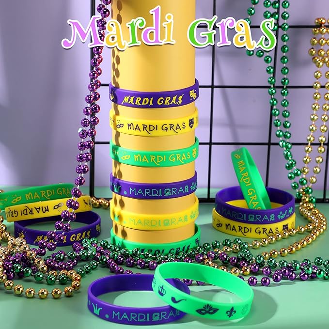 Yinkin 96 Pcs Mardi Gras Party Favors Rubber Bracelets Silicone Mardi Gras Bracelet Mardi Gras Accessories Bulk Stretchable Silicone Wristbands for Carnival Birthday Party Supply Decor Baby Shower