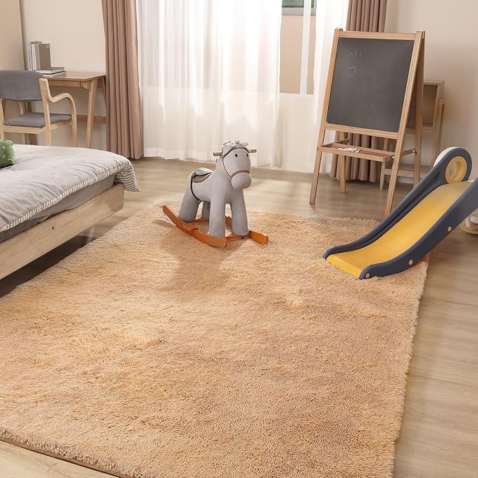 9x12 Area Rug, Fluffy Plush Carpet for Living Room, Bedroom, Nursery, Study, Kids Room - Soft Non-Slip Indoor Decor, Camel