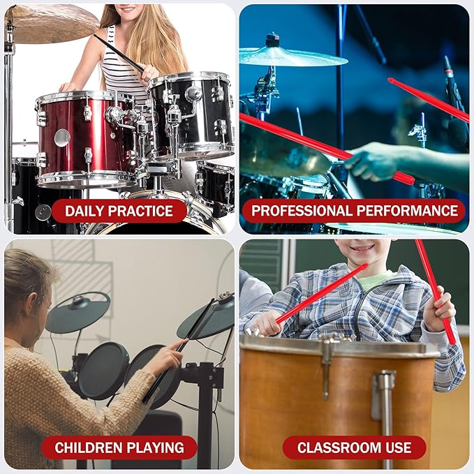 5A Nylon Drumsticks for Kids Adults: Light Durable Drum Sticks Black Red with Anti-Slip Handles for Electronic Drums Exercise Percussion Accessories (2 Pairs)