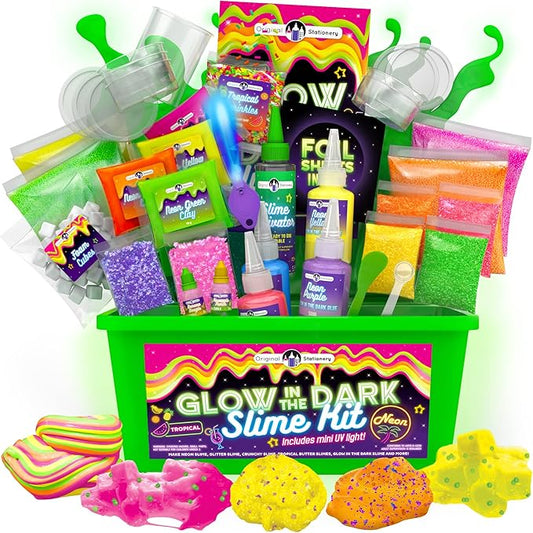 Original Stationery Tropical Glow in The Dark Slime Kit - Multicolor - for Girls & Boys Ages 7 Years and Up - Includes Glow Powder, Foam Beads & Glitter for Neon, Crunchy & Jelly Cube Slimes