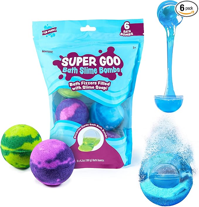 Super Goo Bath Slime 'Surprise' Bombs, 6 Pack | Kids Bath Bombs With Surprise Inside | Nontoxic | Stretchy, Squishy Slime Soap | Sensory Fun for Kids