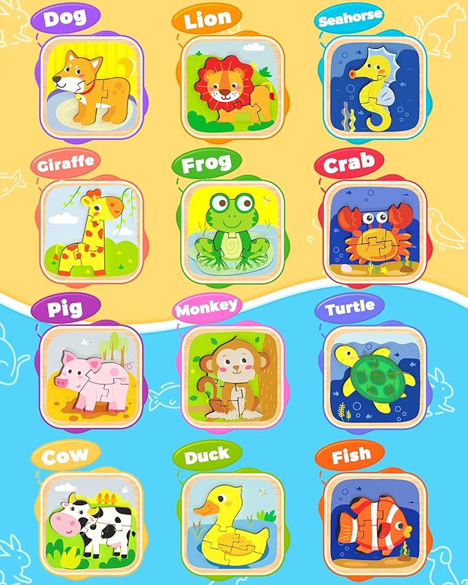 Benresive Wooden Toddler Puzzles, 12pcs Animal Montessori Toys for 1-3 Year Old Boys & Girls, Learning Educational Preschool Toys, Great Gifts for 1 2 3 Year Olds