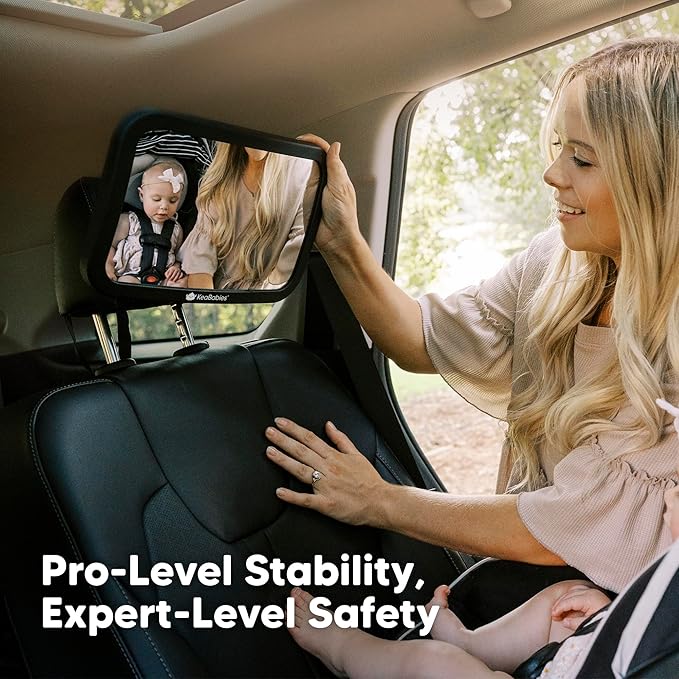 Large Shatterproof Baby Car Mirror, Backseat - Safety Car Seat Mirror for Baby Rear Facing, 360 Wide Crystal Clear View, Accessories for Removable Headrest, Easy Install & Adjustable (Sleek Black)