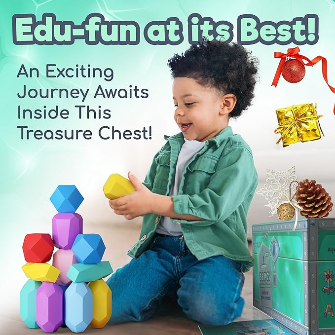 Wooden Stacking Blocks – Montessori Toys for 1 2 3 4 5 6 Year Old Toddlers and Kids, No Choking Hazard – Building Rocks Stones Games, for Girls and Boys