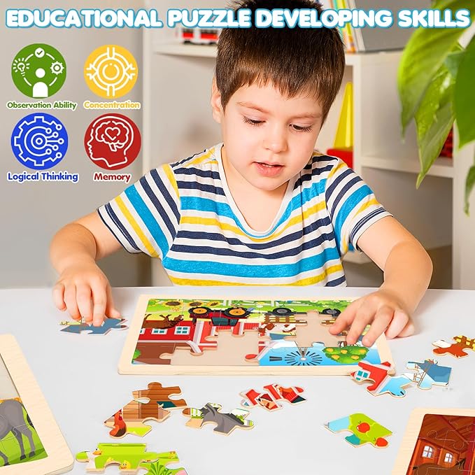 Wooden Farm Puzzles for Kids Age 3 4 5 Year Old, 4 Pack 24 Pcs Montessori Toddler Jigsaw Puzzles for Girl boy Activities Preschool Learning Educational Birthday Gift