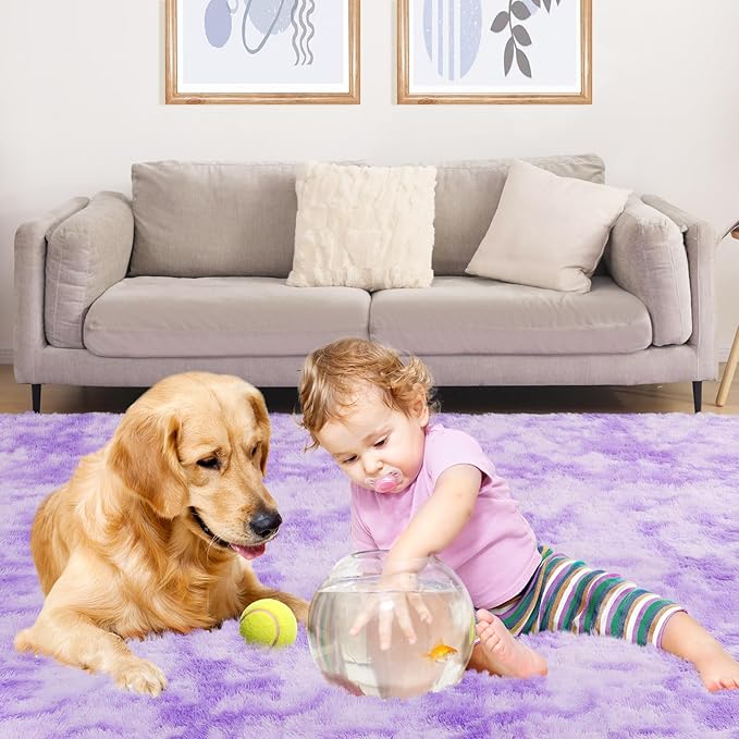 Plush Area Rug 4x5.8, Ultra Soft Rugs for Living Room, Fluffy Carpet Rugs for Bedroom, Non-Slip Indoor Rug for Nursery, Study Room, Playroom, Home Decor, Tie-Dyed Purple