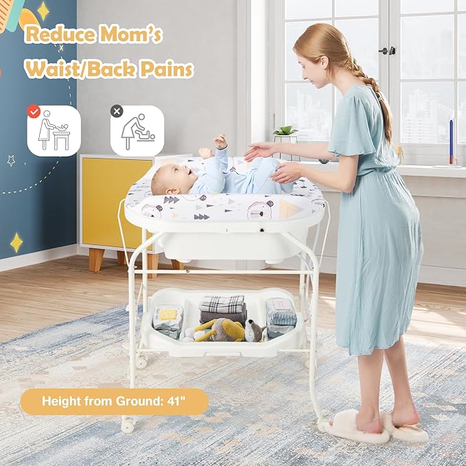 HONEY JOY Baby Changing Table with Bathtub, Foldable Infant Diaper Changing Station with Wheels, Storage Tray, Waterproof Pad, Portable Newborn Nursery Organizer Bath Stand for Boys Girls (White)