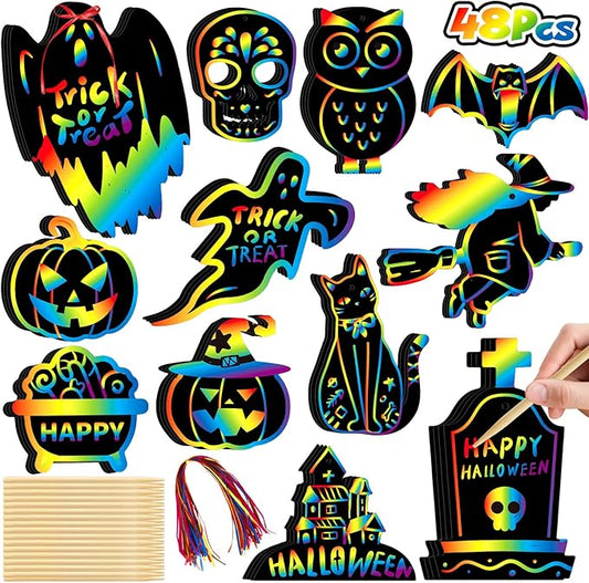 YEGEER 48PCS Halloween Craft Kit for Kids, Magic Scratch Off Paper Hanging Halloween Ornaments Set with 24pcs Wooden Stylus 48pcs Cords for Halloween Games, Halloween Party Favors, Art Craft Supplies