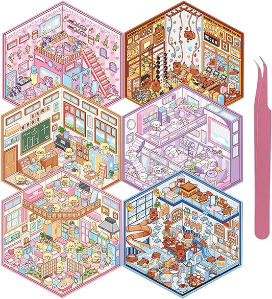 DIY 3D Sticker Scene, 6 Sets of Aesthetic Stickers for Girls Make Your Own Mini Shop Scenes Stickers for Kids Sticker Therapy for Adult Relief Stress Pass The Time