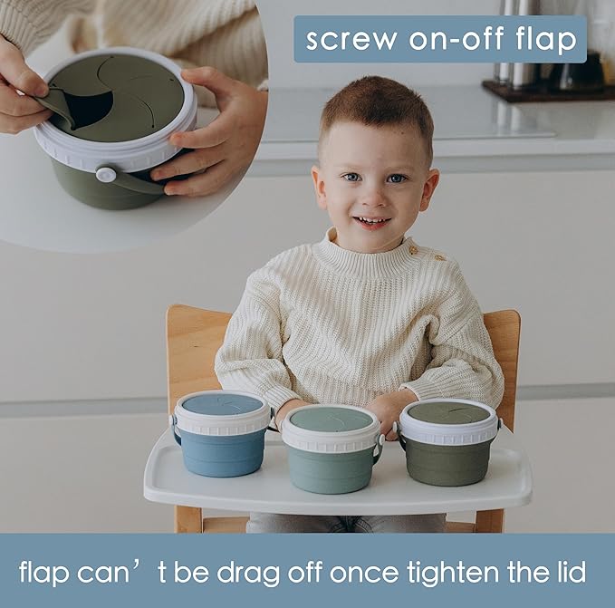 No Spill Silicone Toddler Snack Containers, Detachable Silicone Flap for Filling&Cleaning, Crumb-Free Hard Plastic Screw Travel Lid, Ultra-Soft for Baby Kids Hand In-Out, Snack Cup Holder 12 oz