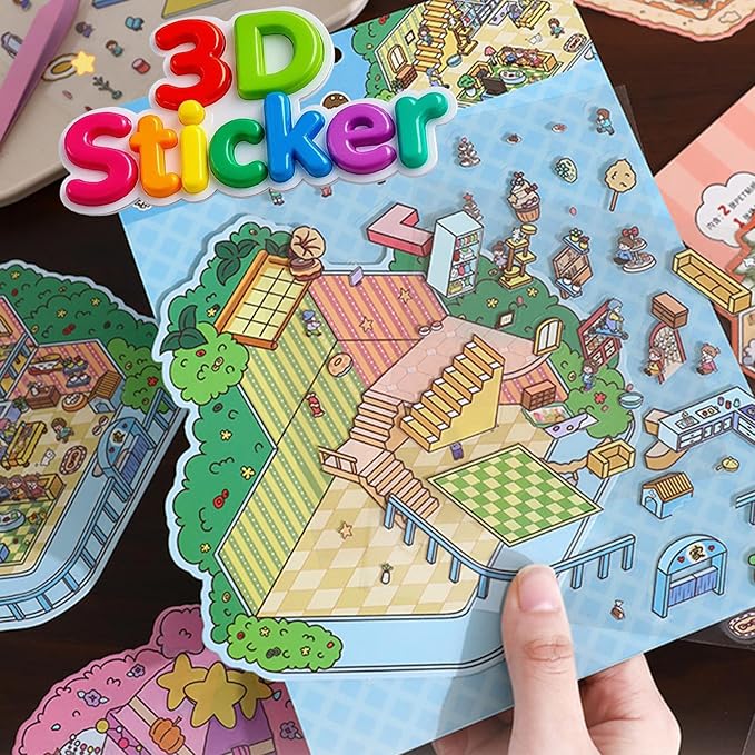 DIY 3D Sticker Scene，8 Sets Pack（600+） Large-Sized, Reusable Sticker Book, Cute Sets for Free Combination, Waterproof for Anywhere, Crafts Party Favors Birthday Gift
