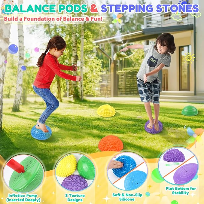 Stepping Stones for Kids, Textured Balance Pods and Adventure Floor Mats Set with Game Spinner for Kids Adults, Obstacle Course Sensory Toys Great for Indoor Outdoor Play Family Fitness Fun