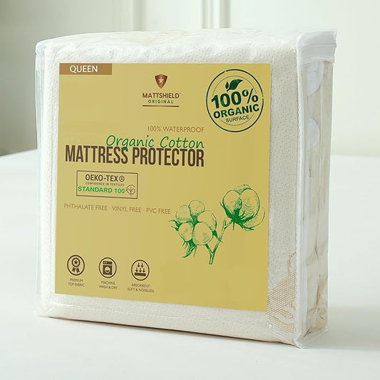 Waterproof Organic Mattress Protector Queen - Organic Cotton Breathable Mattress Pad Cover - 250 GSM Comfort - Deep Pocket - Fitted Comfort