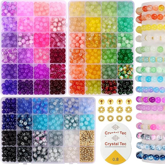 Funtopia 8mm Glass Beads Bracelet Making Kit, 1540pcs 70 Colors Crystal Beads for Jewelry Making, Round Glass Beads for Bracelets and DIY Crafts, Solid and Crackle Colors
