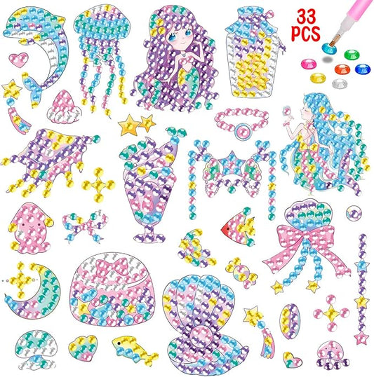 MEIEST 33 PCS Mermaid Diamond Art Painting Stickers Kit,DIY Mosaic Stickers by Numbers Arts and Crafts Set for Kids,Creative Handmade Gift