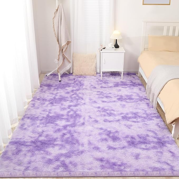 Plush Area Rug 4x5.8, Ultra Soft Rugs for Living Room, Fluffy Carpet Rugs for Bedroom, Non-Slip Indoor Rug for Nursery, Study Room, Playroom, Home Decor, Tie-Dyed Purple