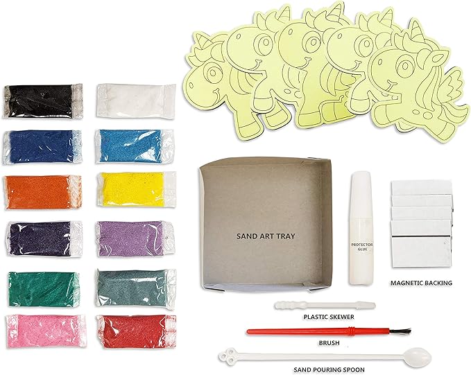 VHALE Peel and Stick Magnetic Sand Art Board, 5 MDF Sand Art Sets with Non Scratch Magnets, Peel, Sprinkle and Stick Designs, 12 Sand Colors, Fridge Decor, Kids Party Favors (Unicorn)