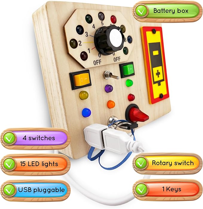 Wooden Montessori Musical Busy Board for Toddlers for 3-5 Year-Old with Mechanical Turner, Colorful Bulbs, Switches, Buttons - Enhance Sensory, Motor Skills (Updated)