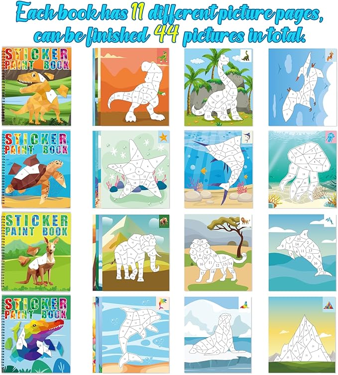 90shine 4PCS Sticker Books for Kids Ages 4-8 Includes Underwater Pet Dinosaur Rainbow Themed Multiple Designs Party Gift Create 44 Pictures