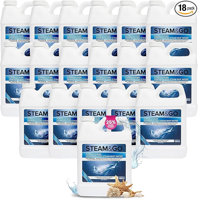 Steam & Go Demineralized Water - Multisurface Cleaner, PVC-Free Ready-to-Use for Mops & Floor Steamers - Ideal for Kitchen, Bathroom, & Home Surfaces - Clean Ocean Scent - 32oz (Pack of 18)
