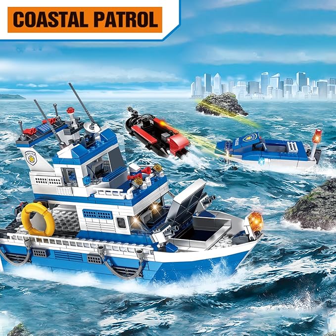 City Boat STEM Building Blocks Sets, Compatible with Lego City Police Boat and Ship Playsets, Rescue Boats That Float Toy Building Kit for Boys 6 7 8 9 10 11 12（480 Pcs）