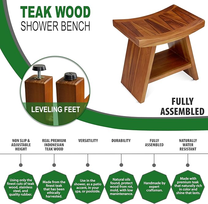 TeakCraft Teak Shower Stool with Shelf – Water Resistant, Non-Slip Premium Indonesian Teak Wood Bath Seat Bench for Shower – Fully Assembled Wood Spa Bath Organizer Seat with Leveling Feet, The Randi