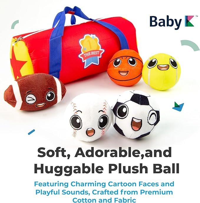 My First Sports Bag with 5 Plush Sports Balls - Rattle Ball with Sound - Sensory Toys for 1 Year Old - Toys for Toddler - Rattles Gift for 1 Year Old