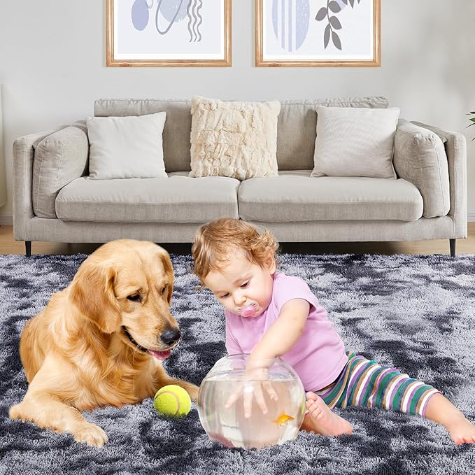 Ultra Soft Area Rugs for Living Room, 5x7 Tie-Dyed Dark Grey Fluffy Plush Rugs for Bedroom, Non-Slip Floor Carpet for Nursery Room, Bedside, Playroom, Corridor, Indoor Decor