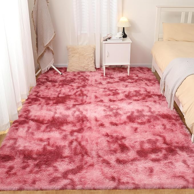 Luxury 4x6 Area Rug, Ultra Soft Rugs for Living Room, Plush Carpet Rugs for Bedroom, Non-Slip Indoor Rug for Nursery, Study Room, Playroom, Home Decor, Tie-Dyed Dark Pink
