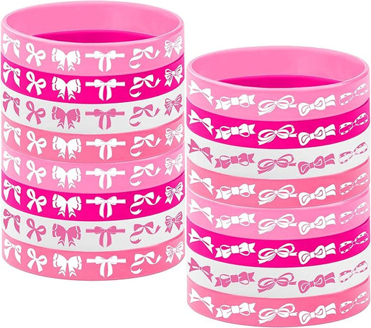 Yuanhoo 24PCS Pink Bow Rubber Bracelet Bow Wristbands Party Favors Bow Themed Birthday Hoilday Baby Shower Wedding Party Supplies Decorations