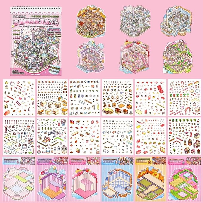 Sticker Therapy 3D Scene – 6 Sets Large Size DIY 3D Sticker Scenes with Tweezer for Adults Kids Relief Stress Pass The Time, Cute Miniature House Room Material Collection Book 02