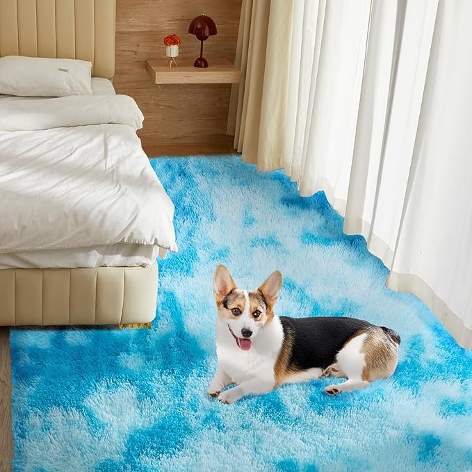 Luxury Shag Area Rug, 3X4 Indoor Ultra Soft Plush Rugs for Living Room, Carpet for Kids Boys Girls Dorm Nursery Home Decor Aesthetic, Upgrade Anti-Skid Durable, Tie-Dyed Blue