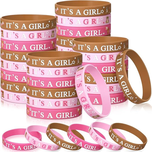 Zomiboo 36 Pieces Baby Shower Rubber Bracelets, It's a Boy It's a Girl Wristbands Elephant Baby Shower Decorations for Boy Girl Baby Shower Party Favor Gender Reveal Party Supplies (Pink Bear Style)