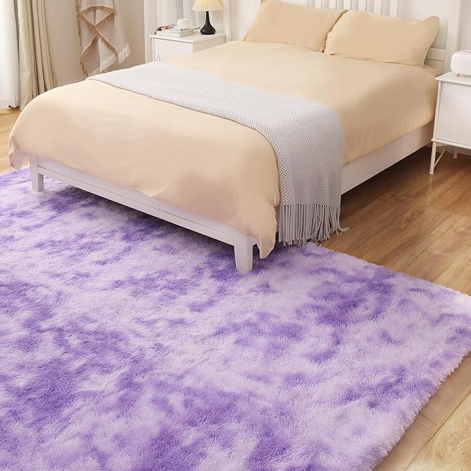 Plush Area Rug 4x5.8, Ultra Soft Rugs for Living Room, Fluffy Carpet Rugs for Bedroom, Non-Slip Indoor Rug for Nursery, Study Room, Playroom, Home Decor, Tie-Dyed Purple