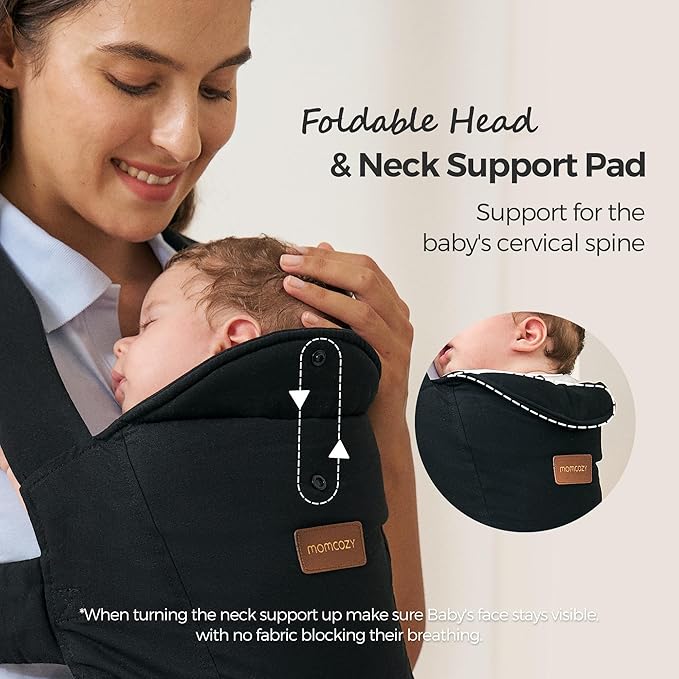 Momcozy Newborn Carrier WeeSnug- Lightweight and Cozy Comfort for 7-25 lbs, Ergonomic Cross-Back Support, Effortless to Put On, Hands-Free Baby Carrier with Lumbar Support, Black
