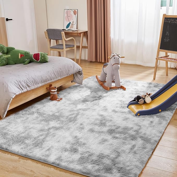 Ultra Soft Area Rugs for Living Room, 5x7 Tie-Dyed Light Grey Fluffy Plush Rugs for Bedroom, Non-Slip Floor Carpet for Nursery, Bedside, Playroom, Corridor, Indoor Decor